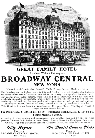 advert - Great Family Hotel, Broadway Central, New York