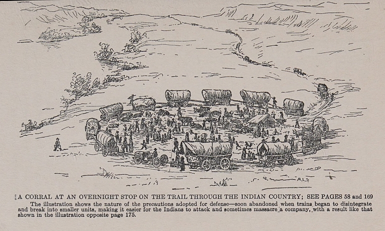 A CORRAL AT AN OVERNIGHT STOP ON THE TRAIL THROUGH THE INDIAN COUNTRY; SEE PAGES 58 and 169